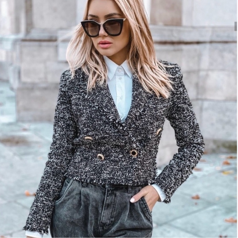 Zara Short Cropped Tweed Textured Weave Blazer with Buttons Size XS